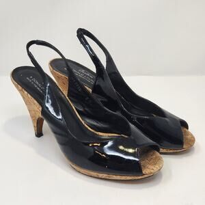 Donald J Pliner Couture Zozo Black Patent Leather Slingback Heel Size 8M Cork